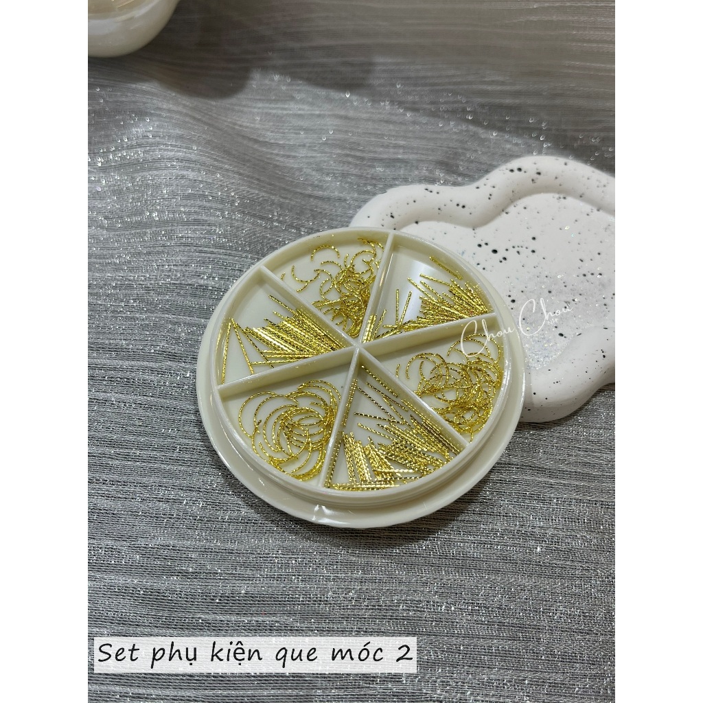 Set phụ kiện vàng bạc que móc, phụ kiện que trang trí móng, phụ kiện móc trang trí móng