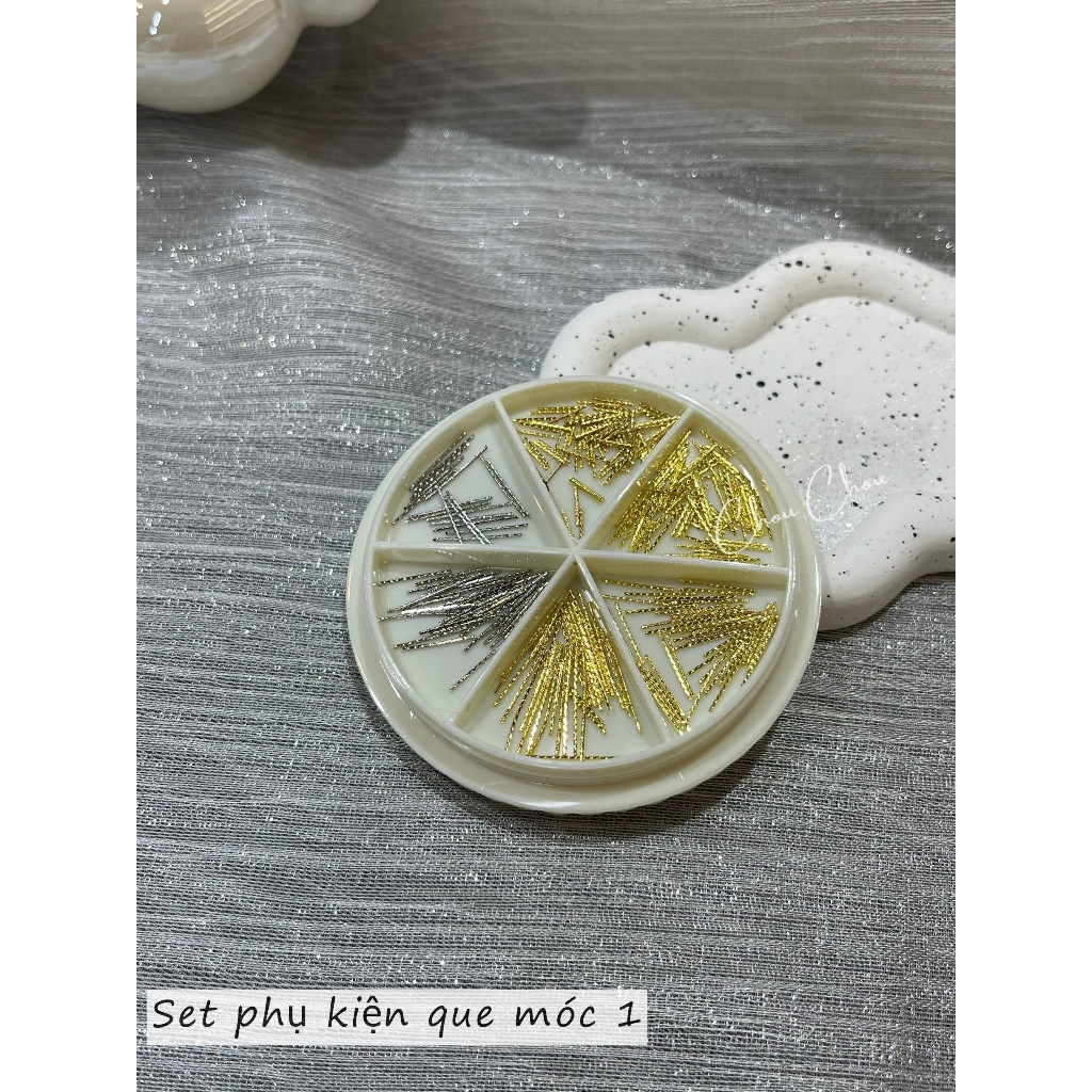 Set phụ kiện vàng bạc que móc, phụ kiện que trang trí móng, phụ kiện móc trang trí móng