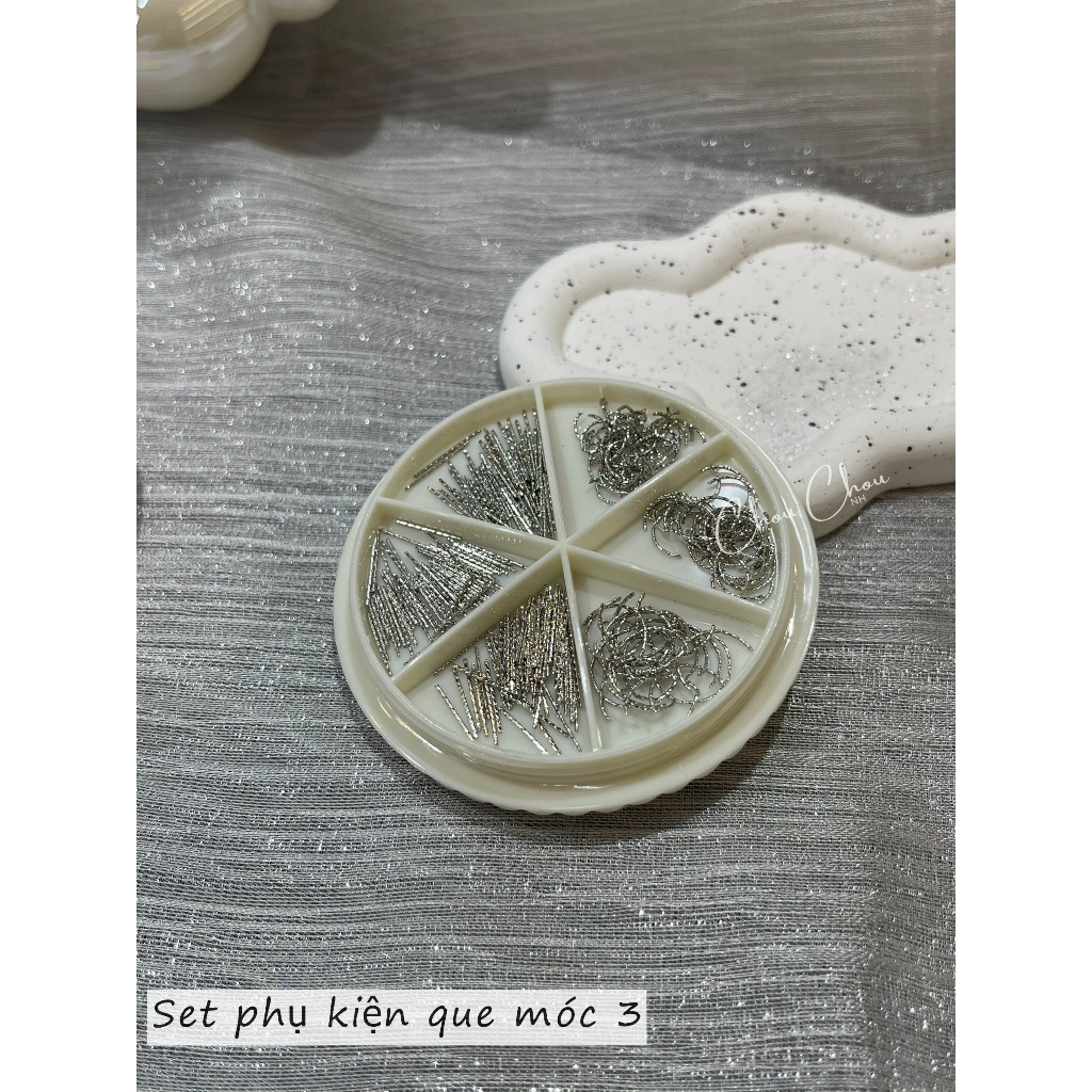Set phụ kiện vàng bạc que móc, phụ kiện que trang trí móng, phụ kiện móc trang trí móng