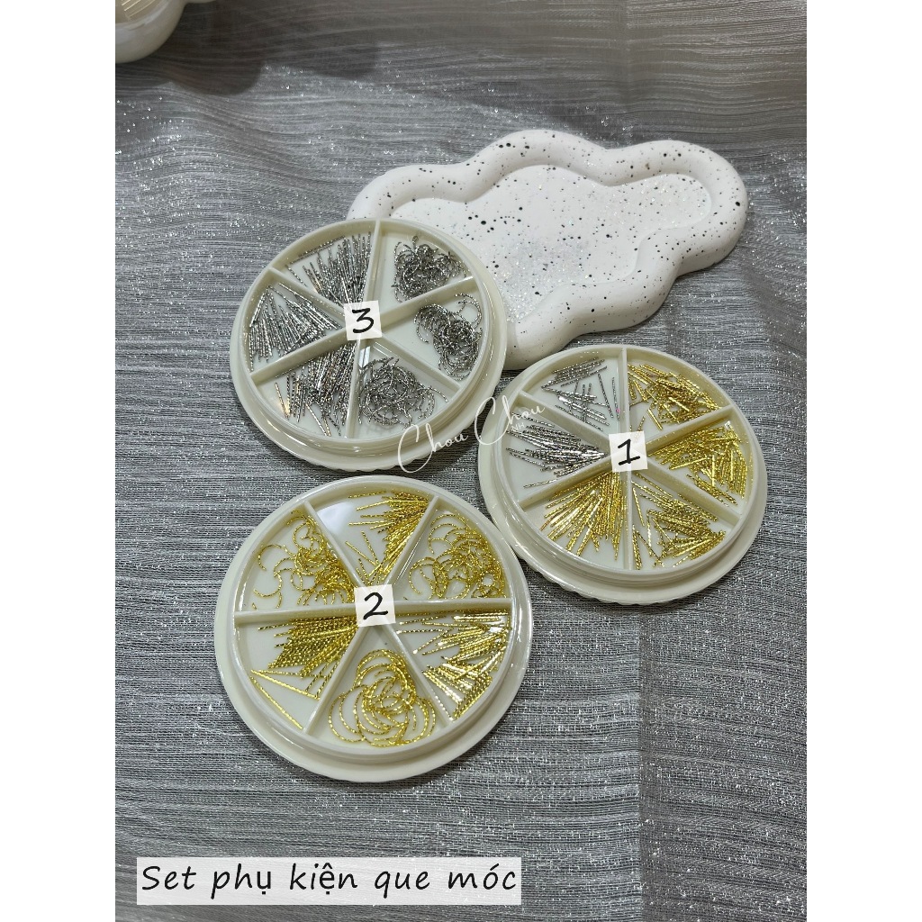 Set phụ kiện vàng bạc que móc, phụ kiện que trang trí móng, phụ kiện móc trang trí móng
