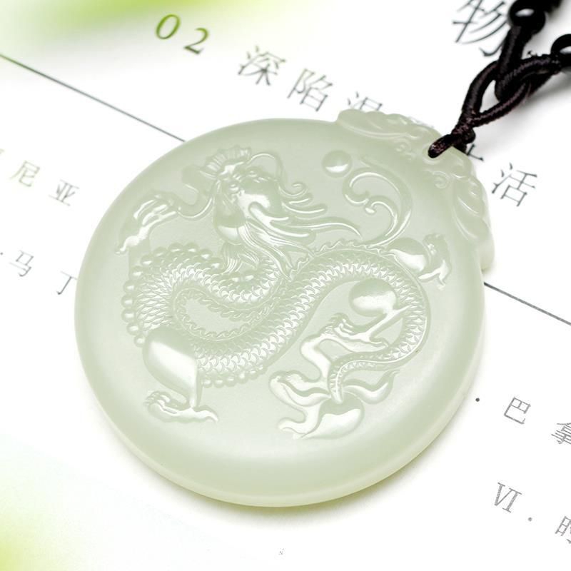 Dây chuyền mặt long bài ngọc hòa điền tự nhiên [tặng kèm dây đeo ]