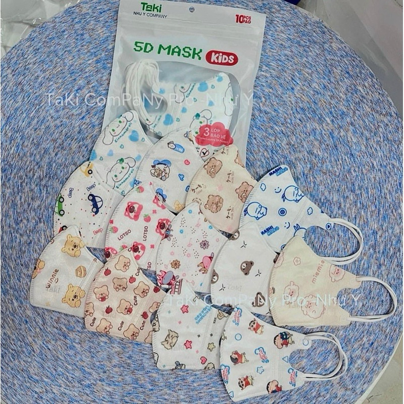 [Trẻ em] 50 Chiếc Khẩu Trang Y Tế 5D Trẻ Em Từ 3 Đến 8 Tuổi Hãng Taki Vải Lụa In Hình Hoạ Tiết Dễ Thương, Rõ Nét
