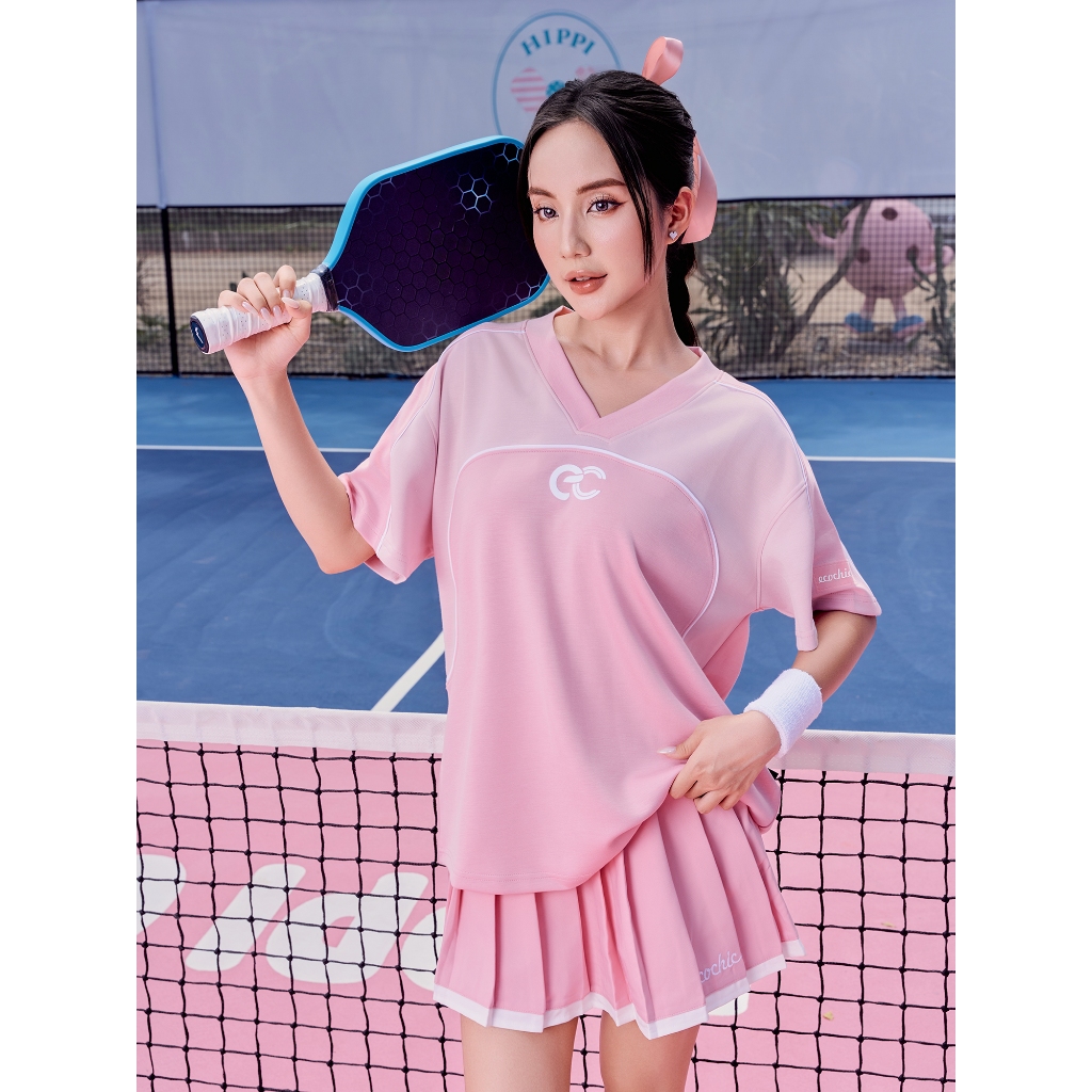Chân Váy Tennis Xếp Ly Chính Hãng ECOCHIC Logo Thêu Dáng Xoè Ngắn Cạp Cao Có Lót Trong Màu Trắng Be Than B079