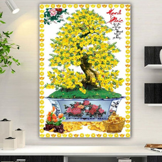 Tranh Treo Tường Chậu Bonsai Hoa Mai Vàng Thư Pháp - Tranh Laminate Tráng Gương (60x90cm)