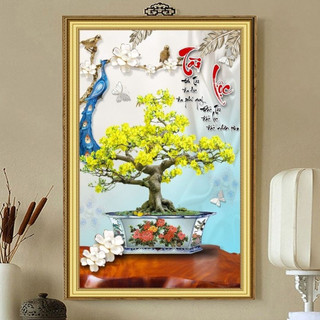 Tranh Treo Tường Chậu Bonsai Hoa Mai Vàng Thư Pháp - Tranh Laminate Tráng Gương (60x90cm)