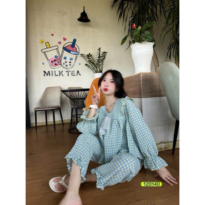Set đồ bộ nữ babydoll họa tiết kẻ caro chất đũi xốp siêu xinh B1
