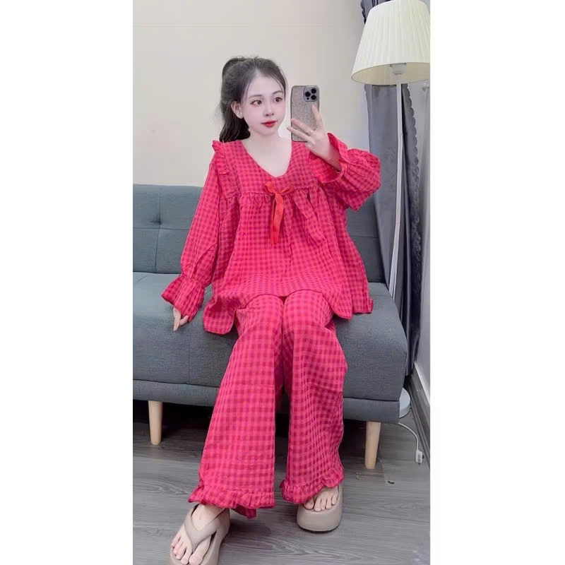 Set đồ bộ nữ babydoll họa tiết kẻ caro chất đũi xốp siêu xinh B1