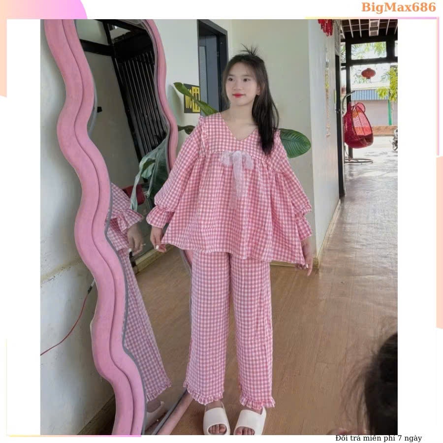 Set đồ bộ nữ babydoll họa tiết kẻ caro chất đũi xốp siêu xinh B1