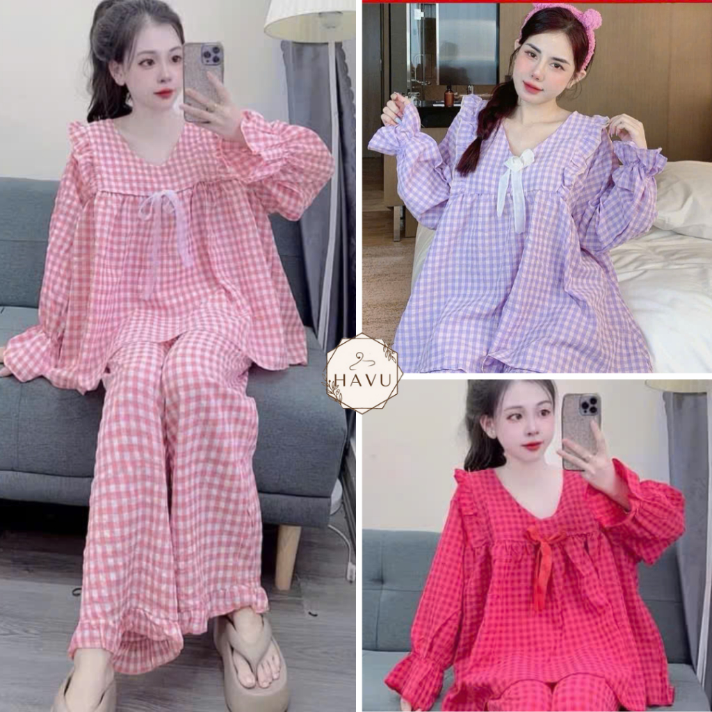Set đồ bộ nữ babydoll họa tiết kẻ caro chất đũi xốp siêu xinh B1