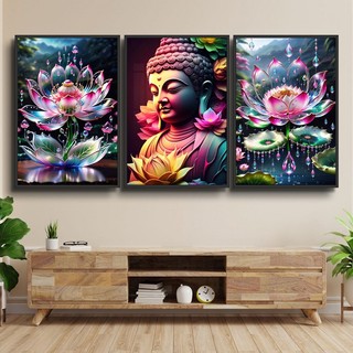 Tranh Treo Tường Trang Trí Phòng Khách, Phòng Thờ Phật Giáo Và Hoa Sen Bộ 3 Tấm - Tranh Laminate Tráng Gương