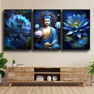 Tranh Treo Tường Trang Trí Phòng Khách, Phòng Thờ Phật Giáo Và Hoa Sen Bộ 3 Tấm - Tranh Laminate Tráng Gương
