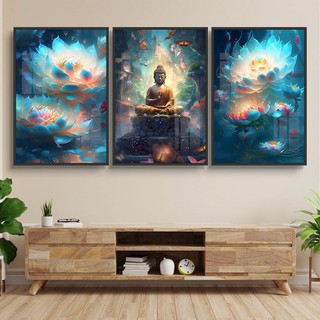 Tranh Treo Tường Trang Trí Phòng Khách, Phòng Thờ Phật Giáo Và Hoa Sen Bộ 3 Tấm - Tranh Laminate Tráng Gương