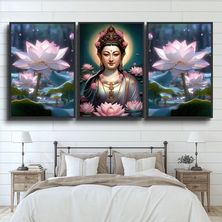 Tranh Treo Tường Trang Trí Phòng Khách, Phòng Thờ Phật Giáo Và Hoa Sen Bộ 3 Tấm - Tranh Laminate Tráng Gương