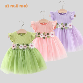 Váy thun cotton phối lưới xinh cho bé gái 6th-3 tuổi Váy đầm bé gái dự tiệc kết hoa eo D1018