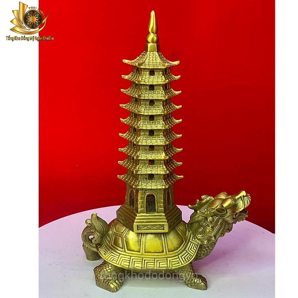 Tháp Văn Xương Đội Long Quy Đồng Vàng 100% Cao 27.5 cm 7 Tầng, 9 Tầng Thăng Tiến Sự Nghiệp, Học Hành