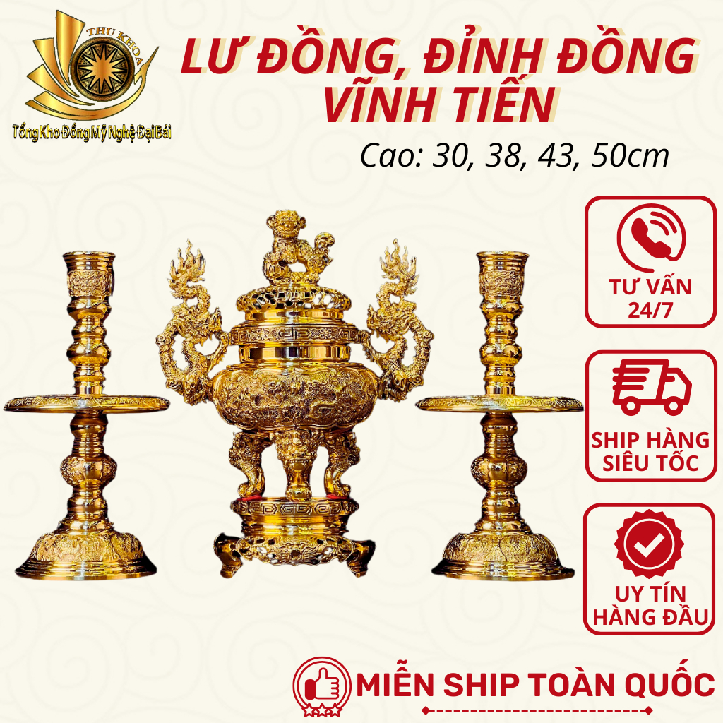Combo Bộ Đỉnh Đồng Tam Sự Đỉnh Hạc Chân Đèn Bằng Đồng Kích Thước Chuẩn Phong Thủy, Bộ Lư Đặt Bàn Thờ Bằng Đồng Đại Bái