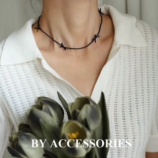 Vòng cổ choker nữ titan và thủy tinh đen phối thắt nơ vải nhỏ xinh không gỉ WN2489 BY ACCESSORIES