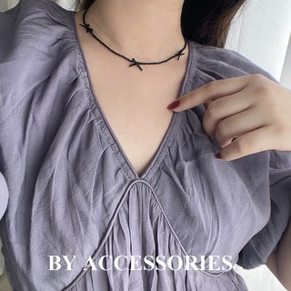 Vòng cổ choker nữ titan và thủy tinh đen phối thắt nơ vải nhỏ xinh không gỉ WN2489 BY ACCESSORIES