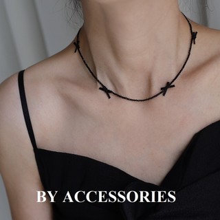 Vòng cổ choker nữ titan và thủy tinh đen phối thắt nơ vải nhỏ xinh không gỉ WN2489 BY ACCESSORIES