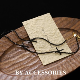 Vòng cổ choker nữ titan và thủy tinh đen phối thắt nơ vải nhỏ xinh không gỉ WN2489 BY ACCESSORIES