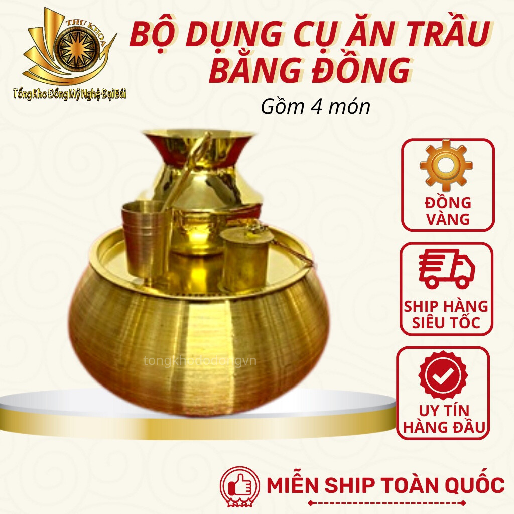 Combo Dụng Cụ Ăn Trầu Bằng Đồng Gồm Cơi Trầu Cối Giã Trầu Ống Vôi Ống Nhổ Bằng Đồng Đồ Đồng Đại Bái