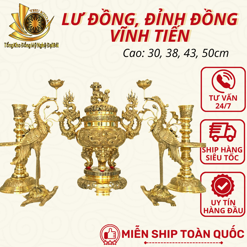 Đôi Hạc Chầu ✅ FREESHIP ✅ Đồng Vàng Cao Cấp Cao 35 cm, Cao 43 cm, Cao 48 cm, Cao 55 cm Màu Vàng Bóng Hàng Đẹp Loại 1
