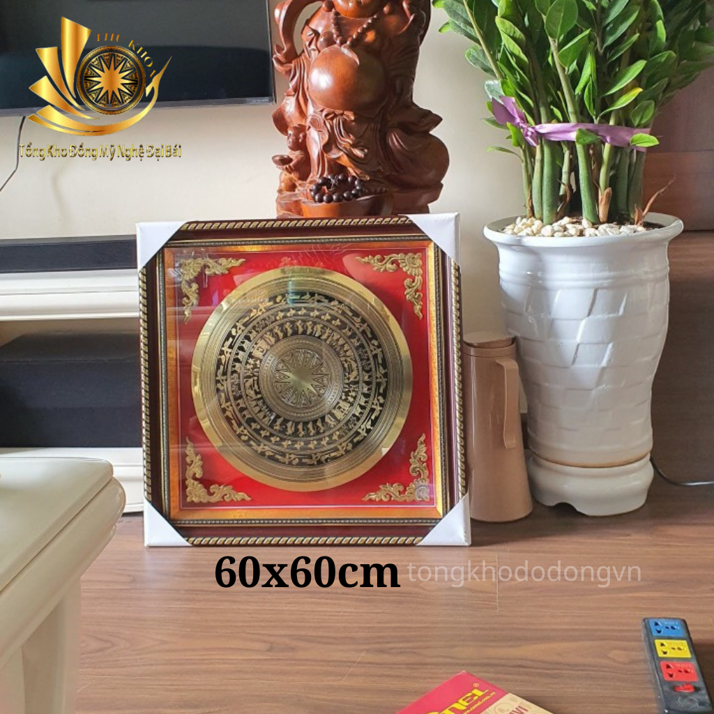 Tranh Trống Đồng 60*60cm Họa Tiết Hoa Văn Trống Đồng Ăn Mòn Độ Bền Trọn Đời Khung Composite