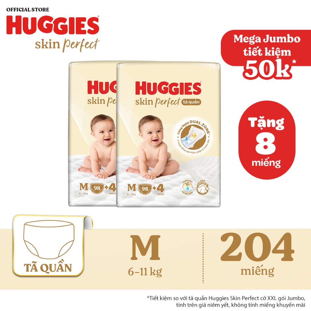 Ảnh Combo 2 Tã quần Huggies Skin Perfect Mega Jumbo M98+4/ L88+4/XL72+4/XXL64+4 với 2 vùng thấm giảm kích ứng da 1