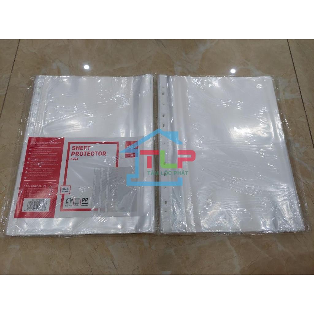 Tập 100 chiếc SƠ MI LỖ A4 Deli F20402 loại dày, Túi 11 lỗ, bìa lỗ ...