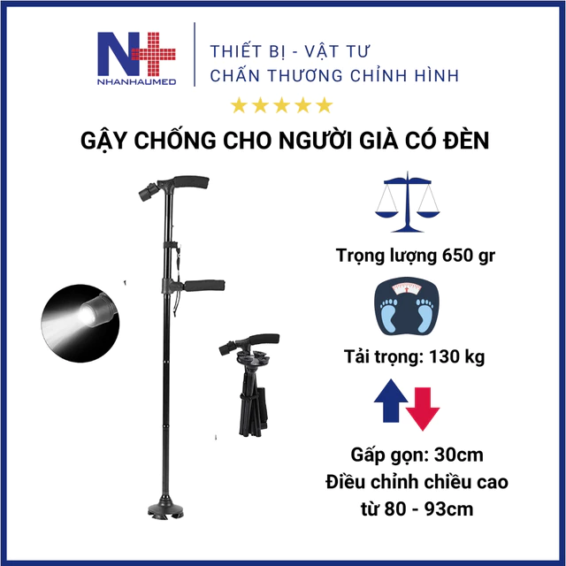 Gậy Chống Cho Người Già Có Đèn Pin Và Tay Vịn Phụ, Gậy Cho Người Già Đa Năng Cao Cấp, Gậy Có Đèn