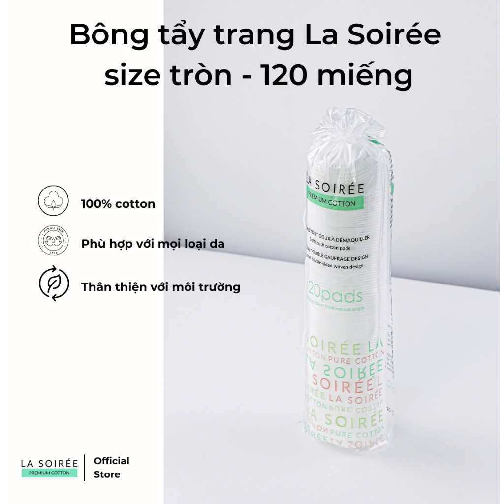 [ Combo 2 gói ] Bông tẩy trang cao cấp La soirée 120 miếng tròn 100% cotton tự nhiên mềm mại an toàn cho da,