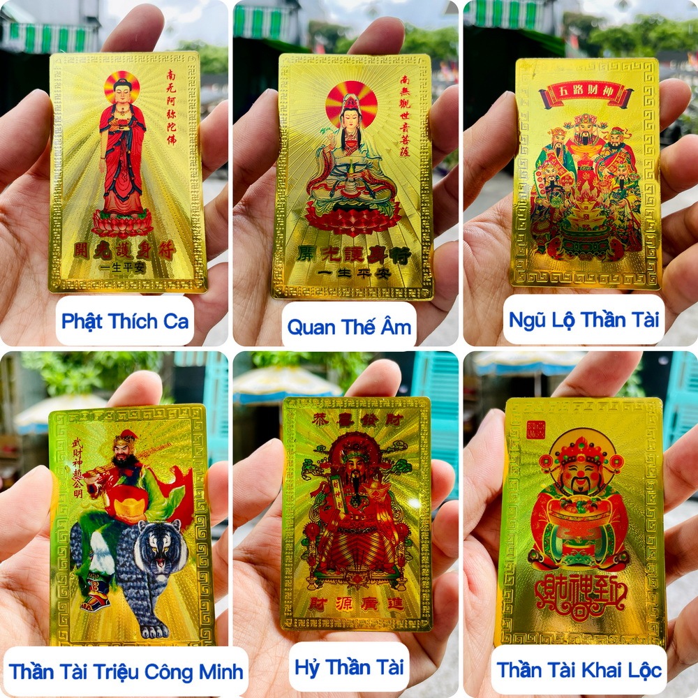 [ĐÃ KHAI QUANG] Thẻ Kim Bài Ngũ Lộ Thần Tài , Quan Âm Bồ Tát , Phật Thích Ca , Khai Lộc ... Plastic Mạ Vàng Phong Thủy
