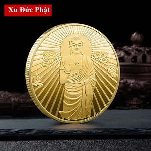 Đồng Xu Hình Phật Tổ A Di Đà - Vật phẩm phong thủy May Mắn Bình An, mẫu Đứng, tặng túi gấm đỏ