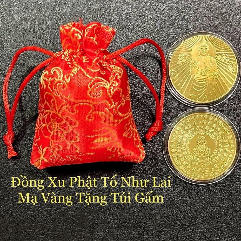 Đồng Xu Hình Phật Tổ A Di Đà - Vật phẩm phong thủy May Mắn Bình An, mẫu Đứng, tặng túi gấm đỏ
