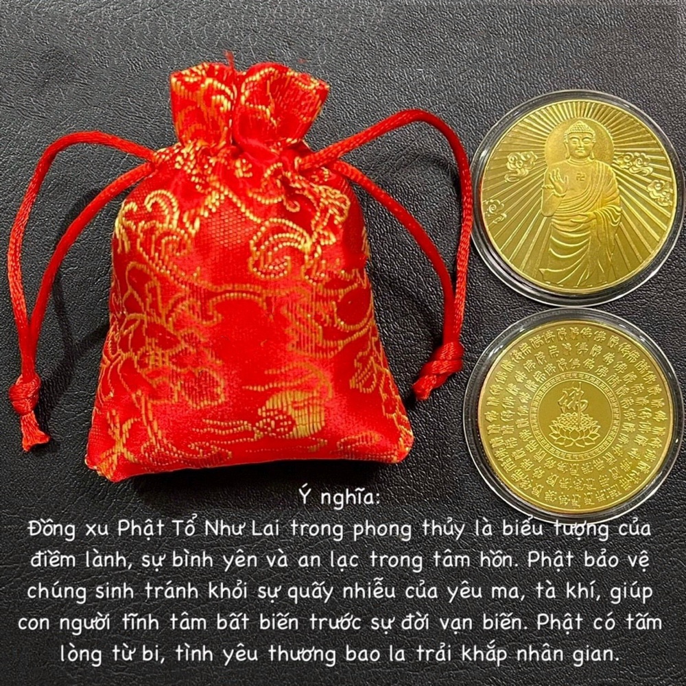 Đồng Xu Hình Phật Tổ A Di Đà - Vật phẩm phong thủy May Mắn Bình An, mẫu Đứng, tặng túi gấm đỏ