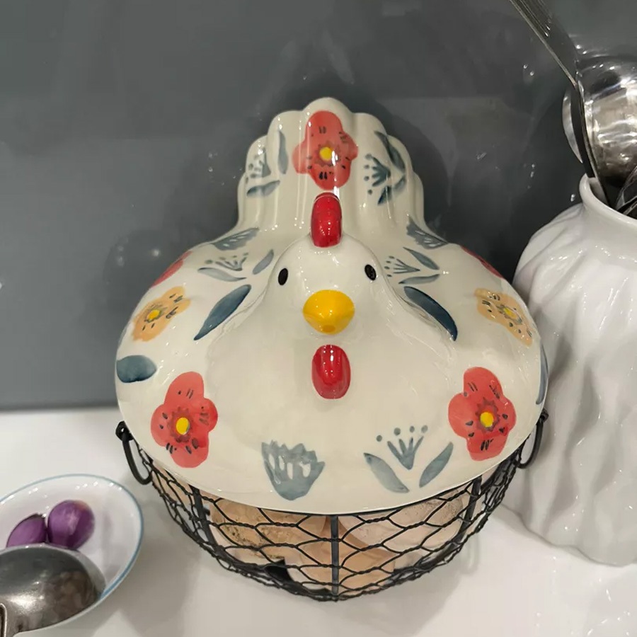 Rổ Sắt Đựng Trứng Gà Hình Chú Gà Mái Ấp - Giỏ Gốm Vẽ Tay Loại To Đựng Tới 26 Quả