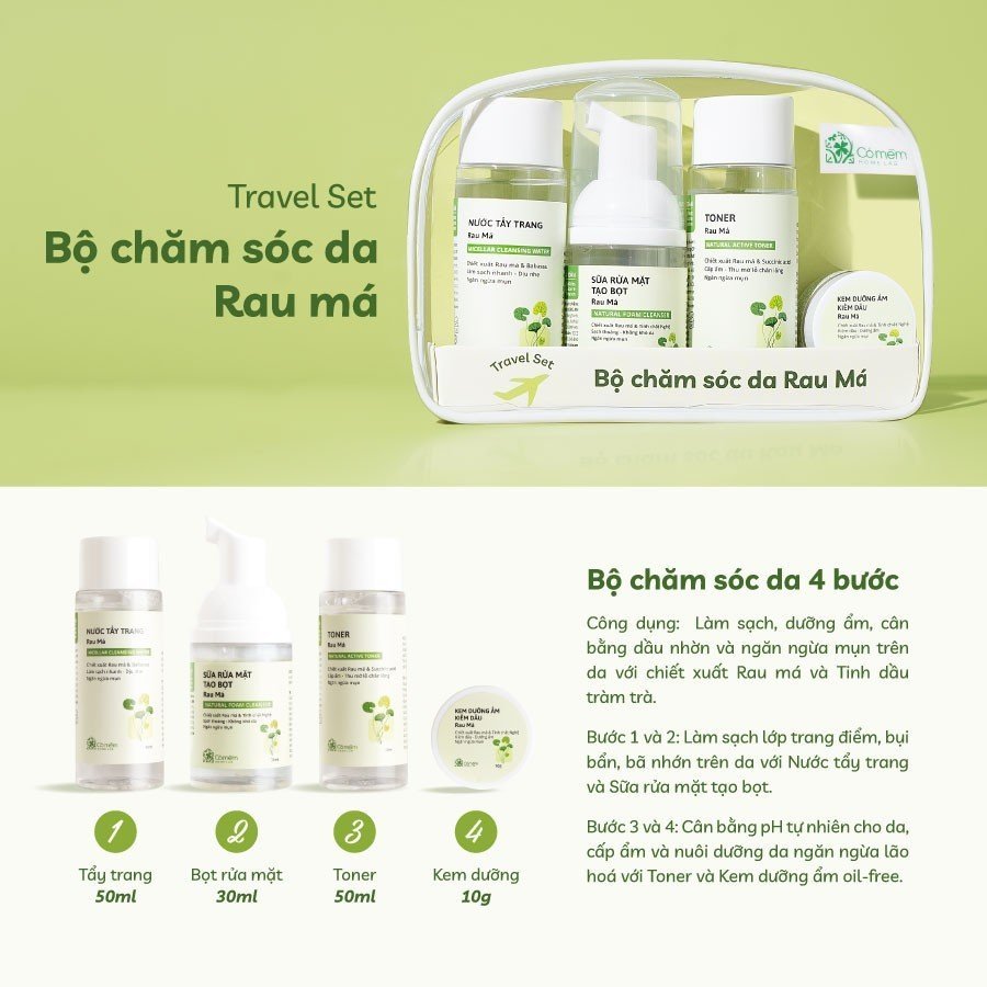 Ảnh Set Mỹ Phẩm TravelKit Skincare Chăm Sóc Mọi Loại Da Tơ Tằm Rau Má Cỏ Mềm 1