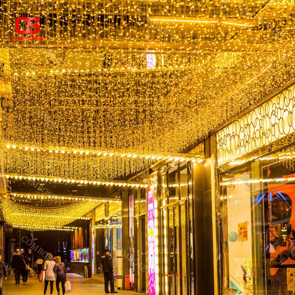 Đèn LED mành thả rủ 6m 30 sợi 60cm ánh sáng vàng sảnh tiệc, lối đi, ban ...