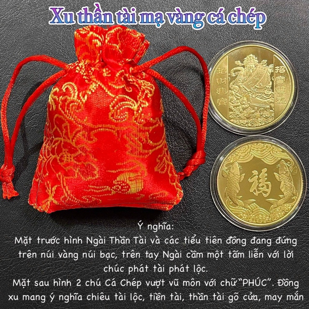 Đồng Xu Hình Thần Tài Khai Lộc - Cá Chép Phong Thuỷ May Mắn , tặng kèm túi gấm đỏ