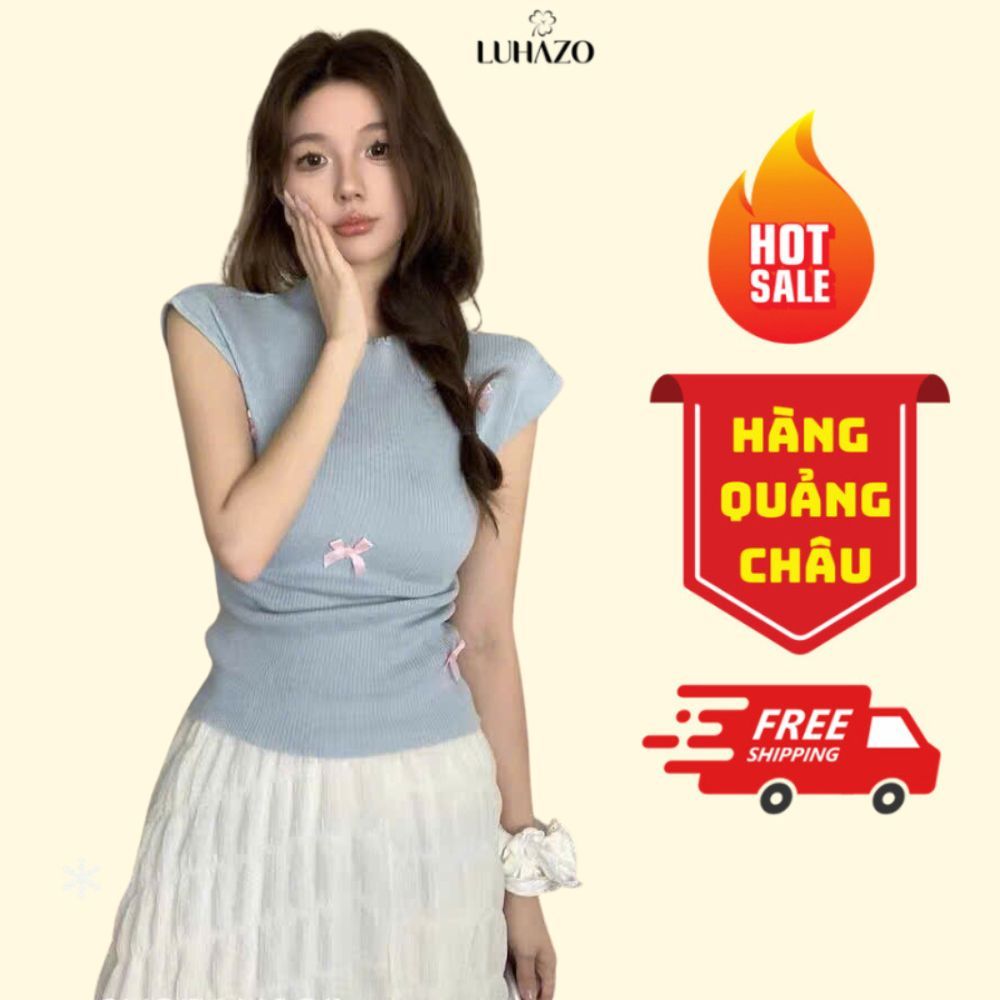 Áo thun LUHAZO tay ngắn cổ tròn chất thun tăm gân co giãn kèm nơ đơn ...