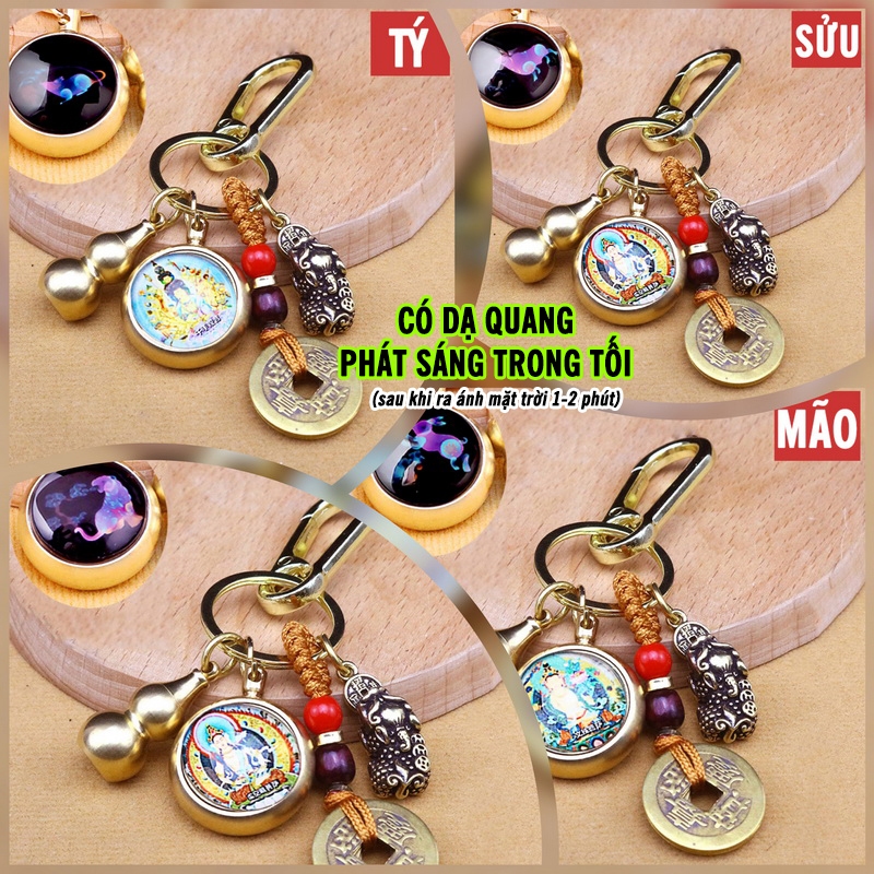 Móc Khóa 4 Món Dạ Quang Phát Sáng 12 Con Giáp, Dây Vàng 5 Đồng Xu, Quả Bầu Rỗng Mix 2 Mặt Phật Bản Mệnh