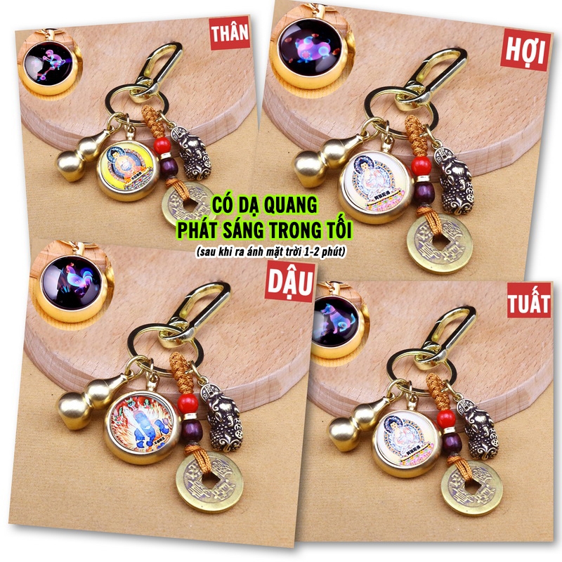Móc Khóa 4 Món Dạ Quang Phát Sáng 12 Con Giáp, Dây Vàng 5 Đồng Xu, Quả Bầu Rỗng Mix 2 Mặt Phật Bản Mệnh