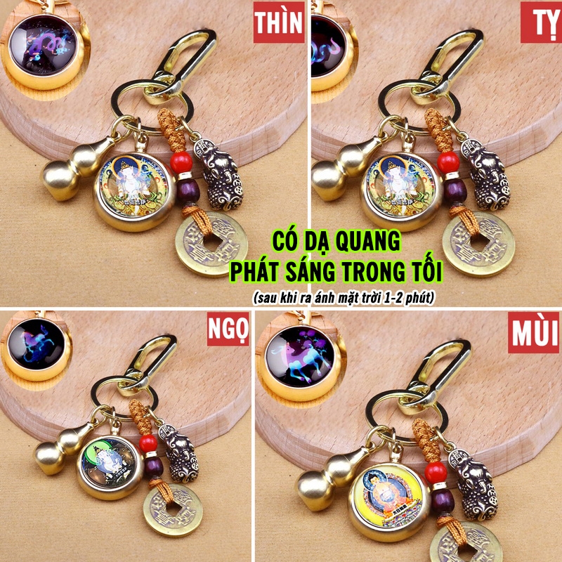 Móc Khóa 4 Món Dạ Quang Phát Sáng 12 Con Giáp, Dây Vàng 5 Đồng Xu, Quả Bầu Rỗng Mix 2 Mặt Phật Bản Mệnh
