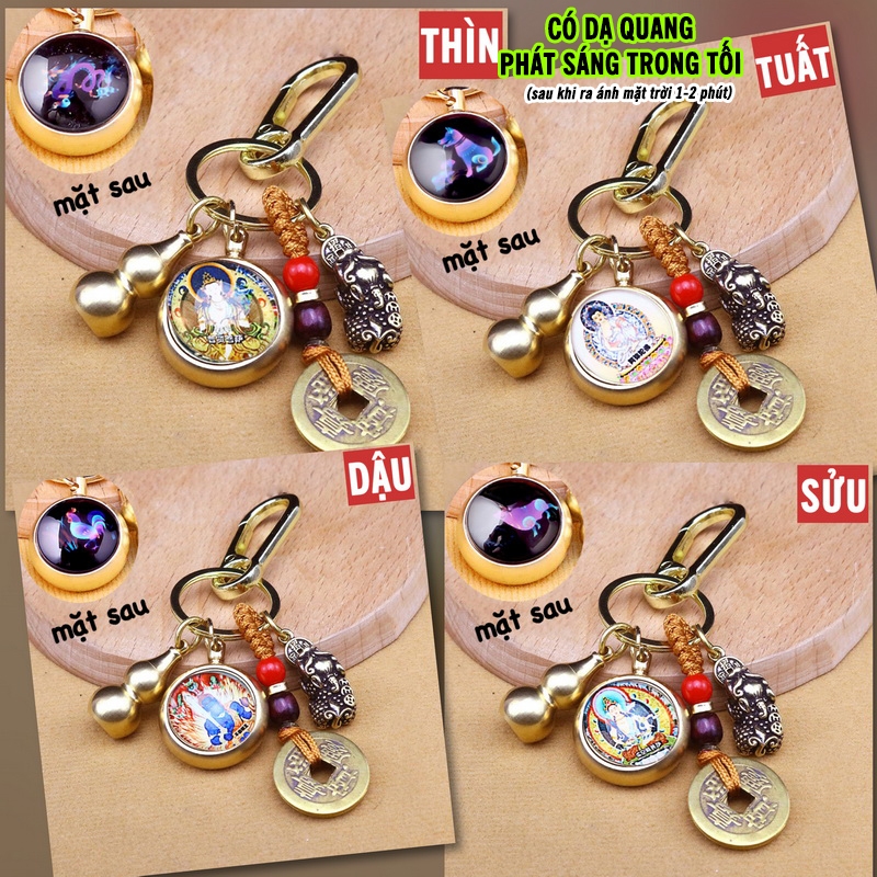 Móc Khóa 4 Món Dạ Quang Phát Sáng 12 Con Giáp, Dây Vàng 5 Đồng Xu, Quả Bầu Rỗng Mix 2 Mặt Phật Bản Mệnh