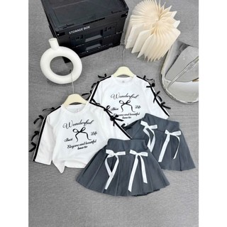 [ B&G ] Sét áo dài tay chân váy xám đính nơ cho bé gái từ 12-42kg, 2 - 11 tuổi