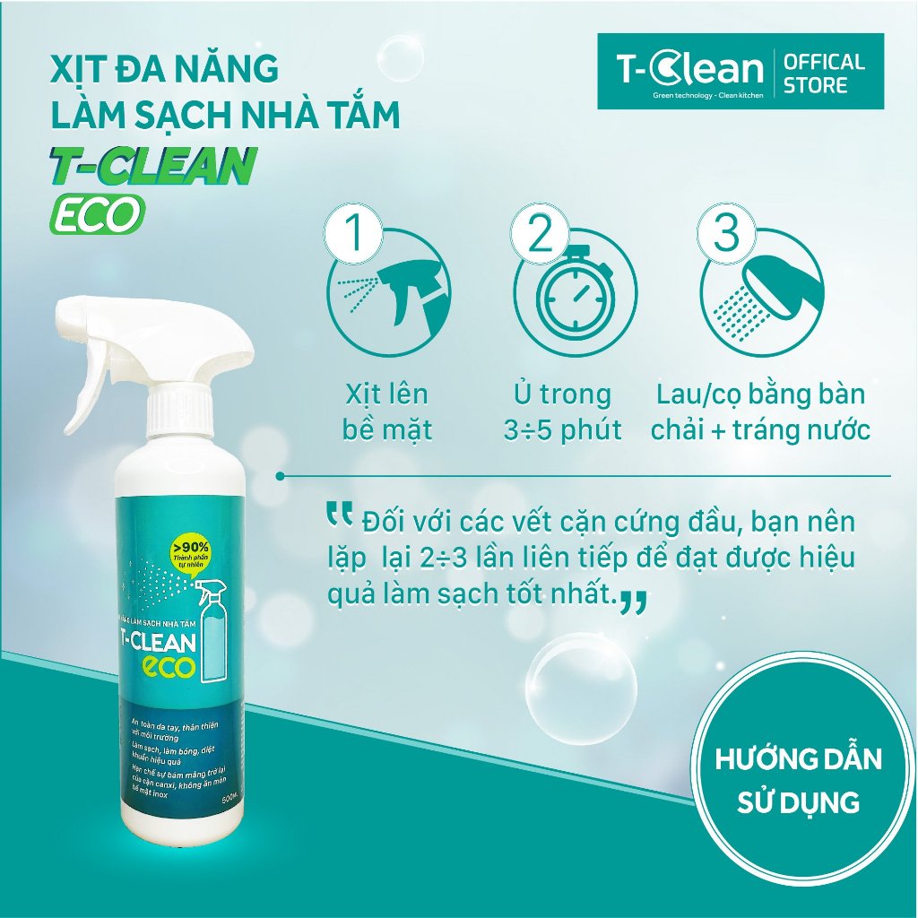 Chai xịt đa năng nhà tắm TClean tẩy cặn canxi, ố vàng, làm sạch bóng vòi sen, inox, lavabo