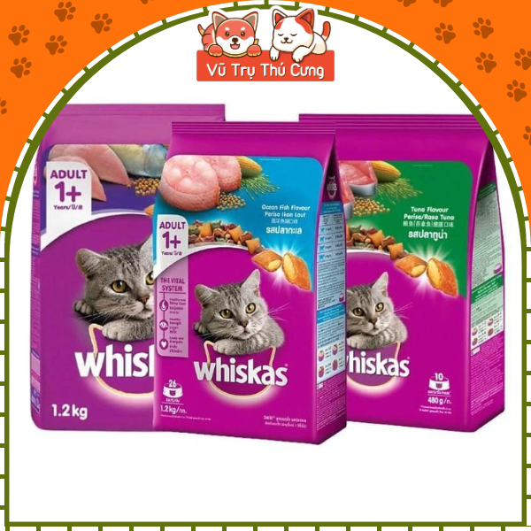 Hạt Whiskas dành cho mèo trưởng thành đủ 3 vị, bịch 1.2Kg