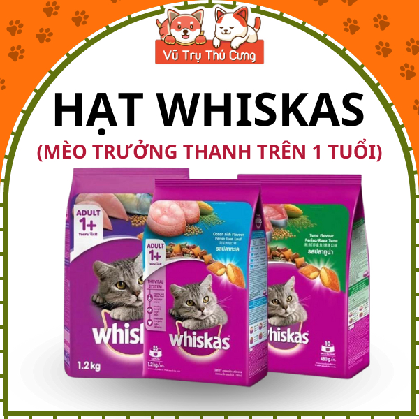Hạt Whiskas dành cho mèo trưởng thành đủ 3 vị, bịch 1.2Kg