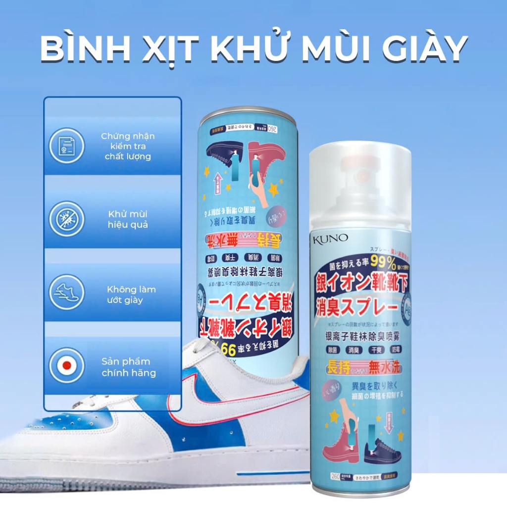 Ảnh Chai xịt khử mùi giày dép, chống hôi chân nano bạc KUNO dung tích 260ml 3