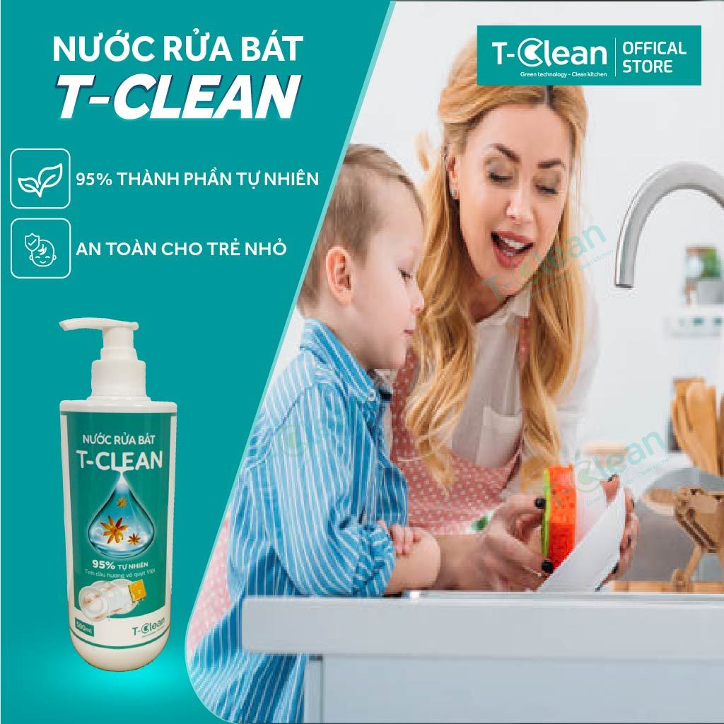 Nước Rửa Chén T-Clean 95% Thiên Nhiên,Làm sạch, An Toàn cho Trẻ, Tiết Kiệm 2 lần, Mền Da Tay